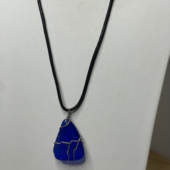 bright blue pendant necklace on black cord wire wrapped natural bohemian boho - Picture 1 of 10